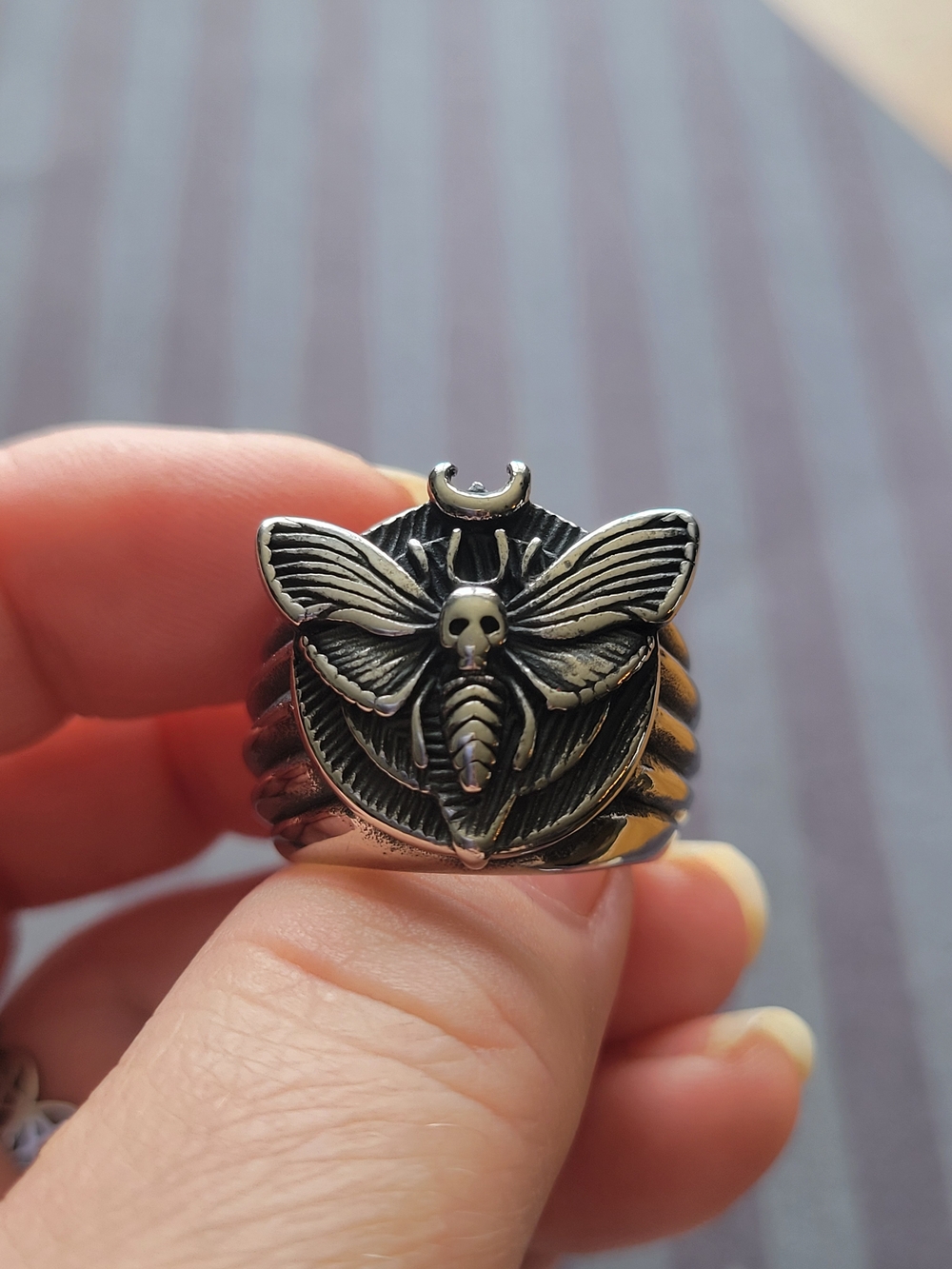 💀NEW💀Stainless Steel Deathhawk Moth Skull Statement Ring Size 8